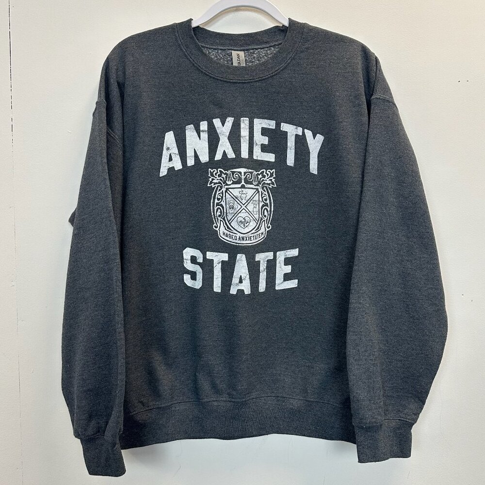 Anxiety State Crewneck Pullover Sweatshirt Grey White Large